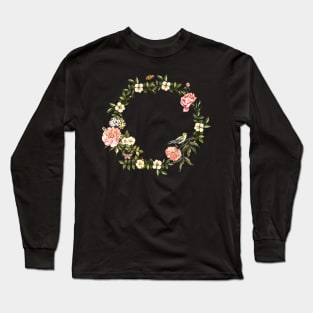 Vintage wreath with flowers, butterflies and bird Long Sleeve T-Shirt